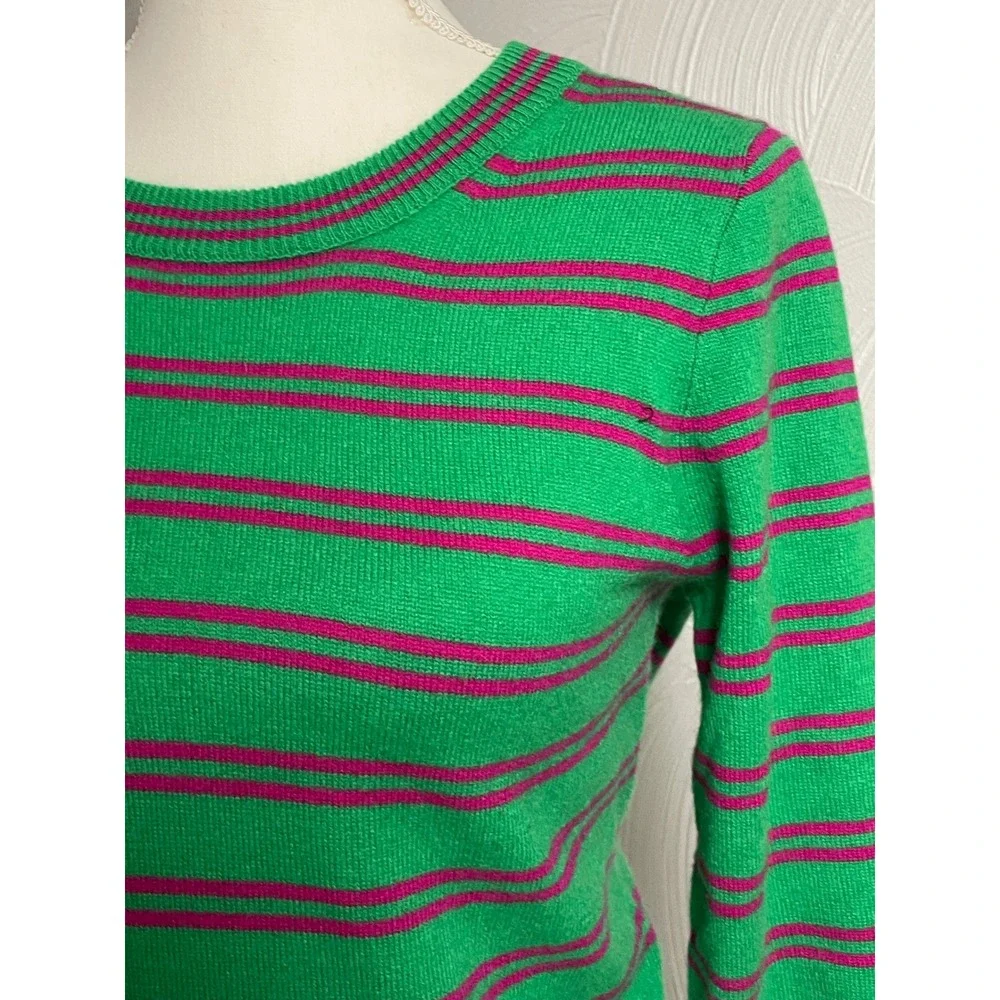 J. Crew Italian Cashmere Green Pink Stripe Crewneck Women's Small